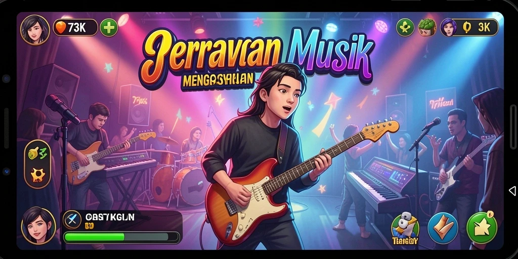 Gameplay 73K menampilkan pemain menikmati musik dengan penuh semangat.