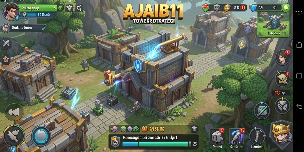 Screenshot gameplay AJAIB11 menampilkan berbagai tower berfungsi melawan gelombang musuh.