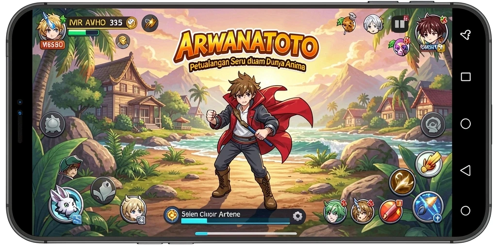 Tampilan screenshot utama ARWANATOTO menampilkan karakter anime yang dinamis.
