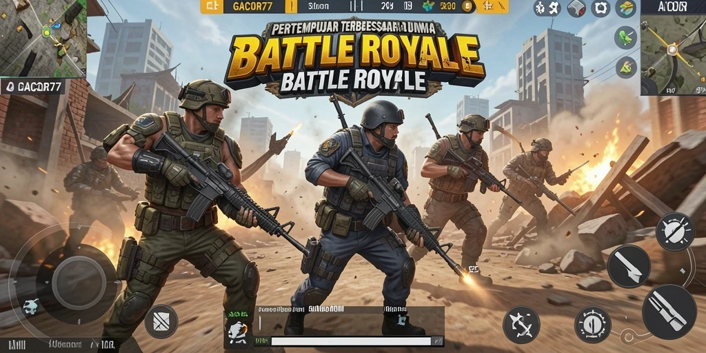 Tampilan gameplay GACOR77 menampilkan pertempuran seru di medan perang Battle Royale.