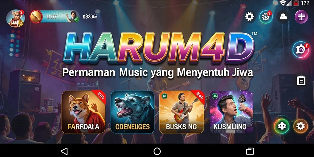 Tampilan gameplay seru dalam HARUM4D dengan berbagai alat musik.