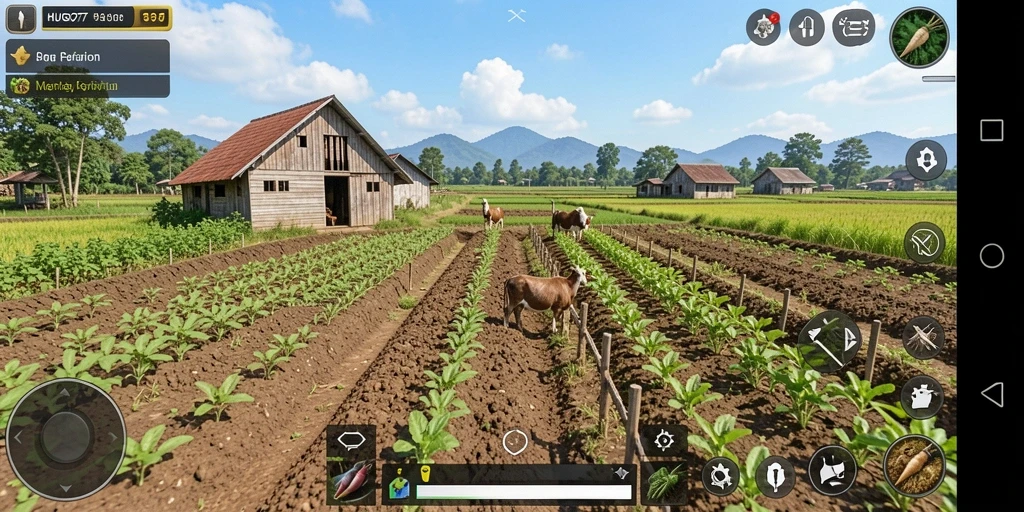 Tampilan gameplay HUGO77 yang menarik dengan lahan pertanian yang subur.
