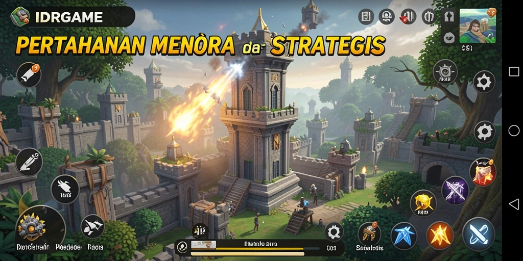 Screenshot IDRGAME menampilkan aksi menara pertahanan yang dramatis.