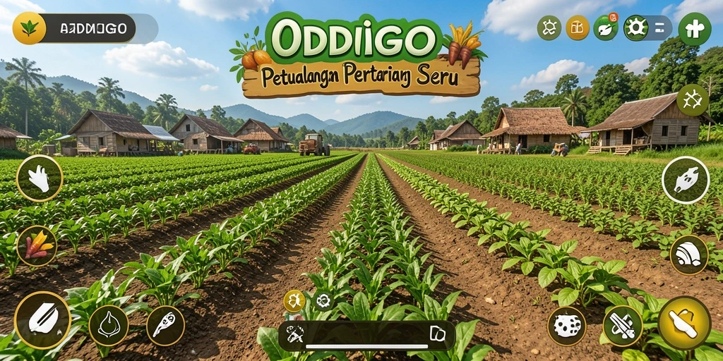 Screenshot gameplay ODDIGO dengan pemandangan kebun yang subur.