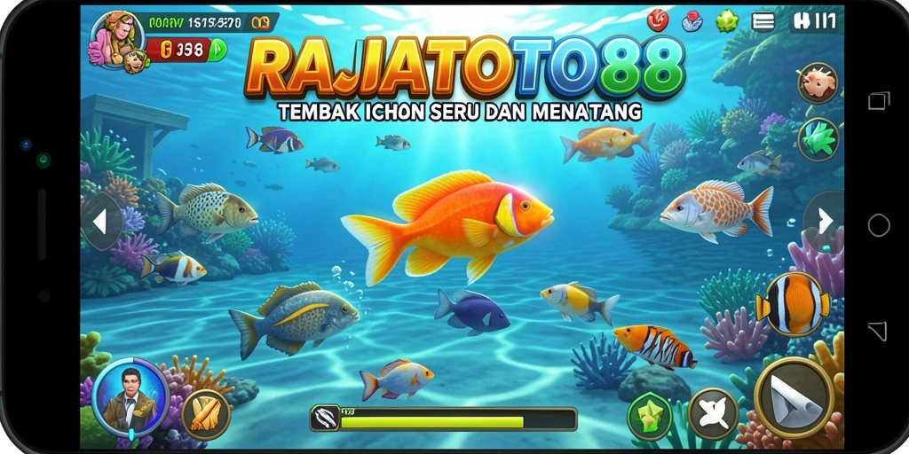 Screenshot gameplay RAJATOTO88 menampilkan aksi menembak ikan.
