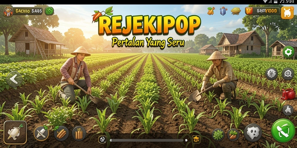 Tampilan gameplay seru di REJEKIPOP dengan aktivitas bertani.