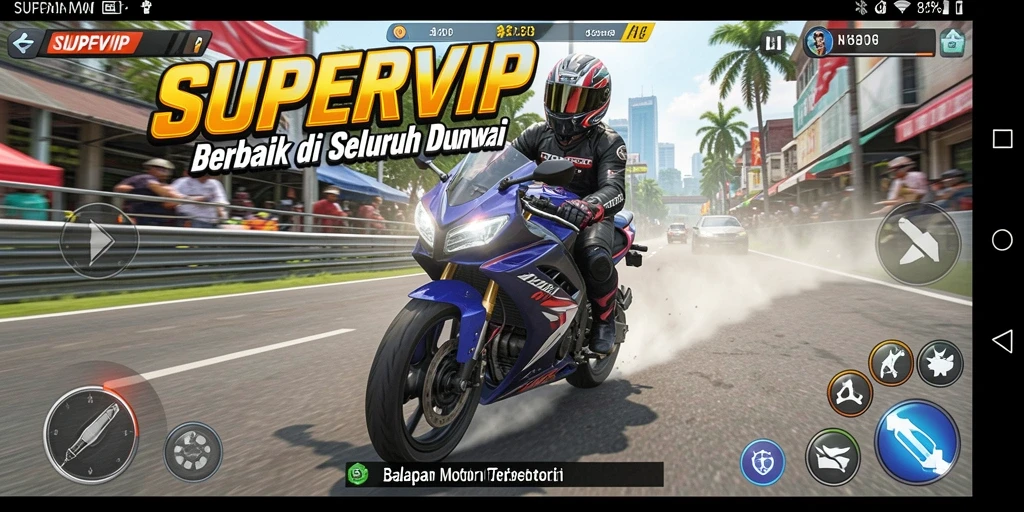 Gameplay menegangkan dalam balapan motor SUPERVIP.