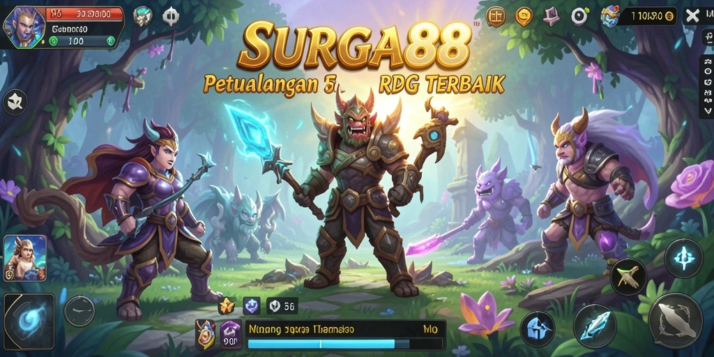 Screenshot utama SURGA88 menampilkan aksi pertempuran RPG yang intens.