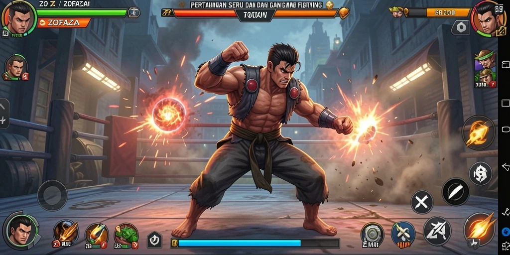 Screenshot utama ZOFAZA menampilkan aksi pertarungan yang intens dan mendebarkan.